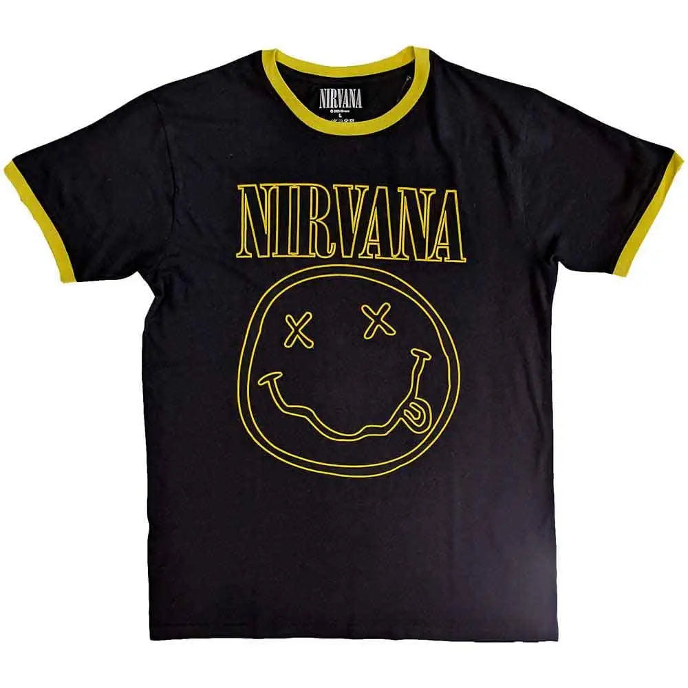 Official Merchandise Nirvana Unisex Ringer T-Shirt – Outline Happy Face (Black) | Official Merch Poster Kingz