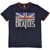 Official Merchandise The Beatles Unisex Ringer T-Shirt – Drop T Logo & Vintage Flag (Navy Blue) | Official Merch Poster Kingz
