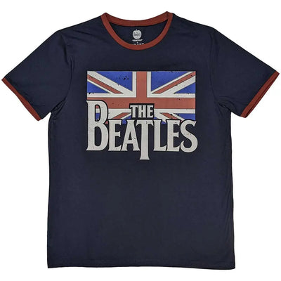 Official Merchandise The Beatles Unisex Ringer T-Shirt – Drop T Logo & Vintage Flag (Navy Blue) | Official Merch Poster Kingz