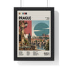 Prague Mid Century Travel print framed in a black frame, ready to hang