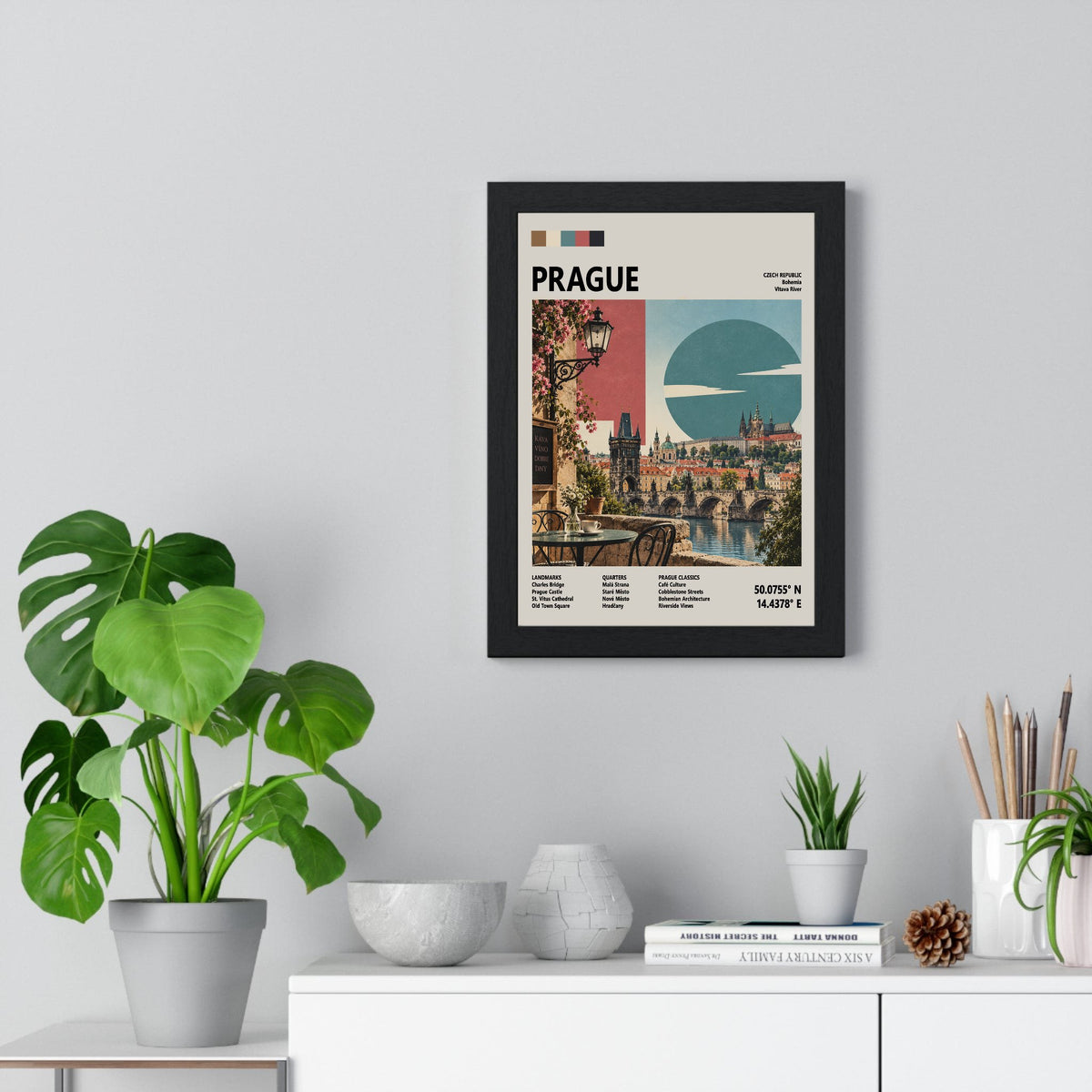 Prague Mid Century Travel print framed on a living room wall