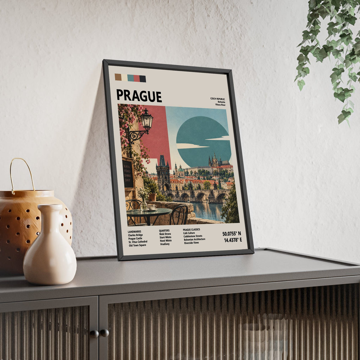 Prague Mid Century Travel print framed and leaning on a sideboard