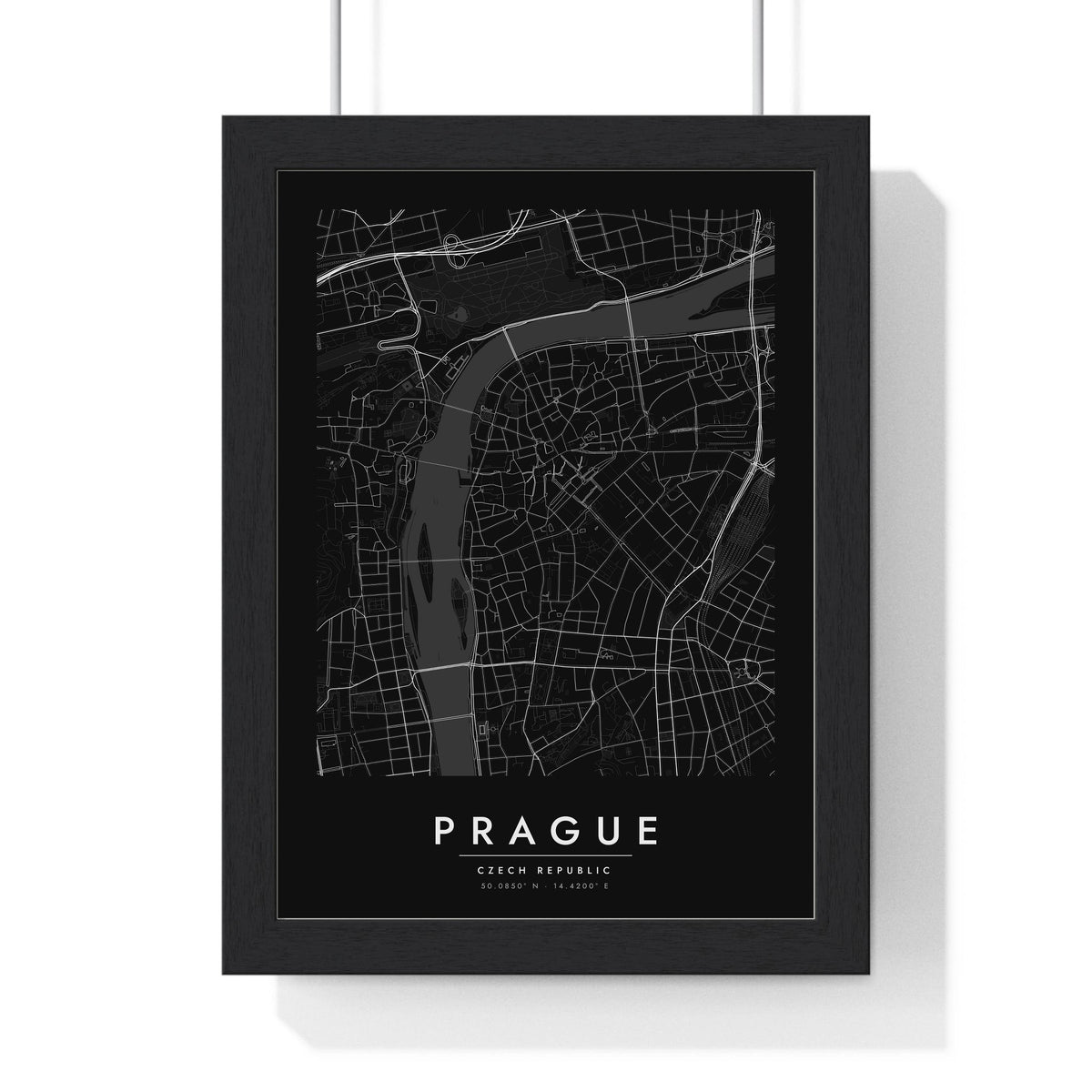 Prague street map poster in black, minimal city map print framed in a black frame