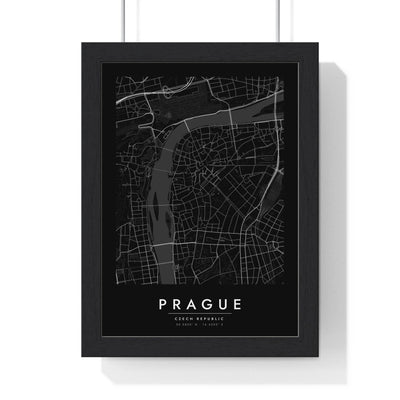 Prague street map poster in black, minimal city map print framed in a black frame