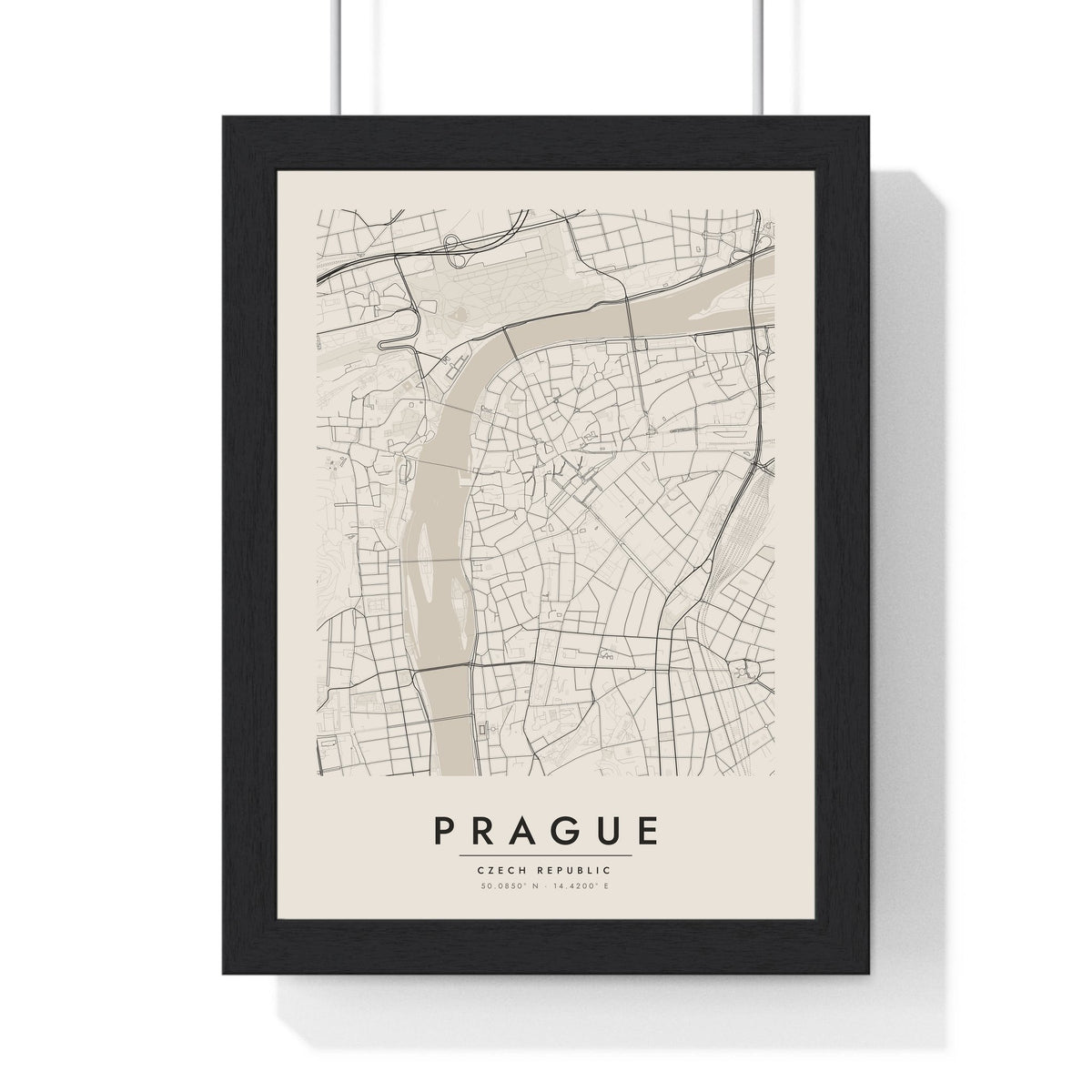 Prague street map poster in cream, minimal city map print framed in a black frame