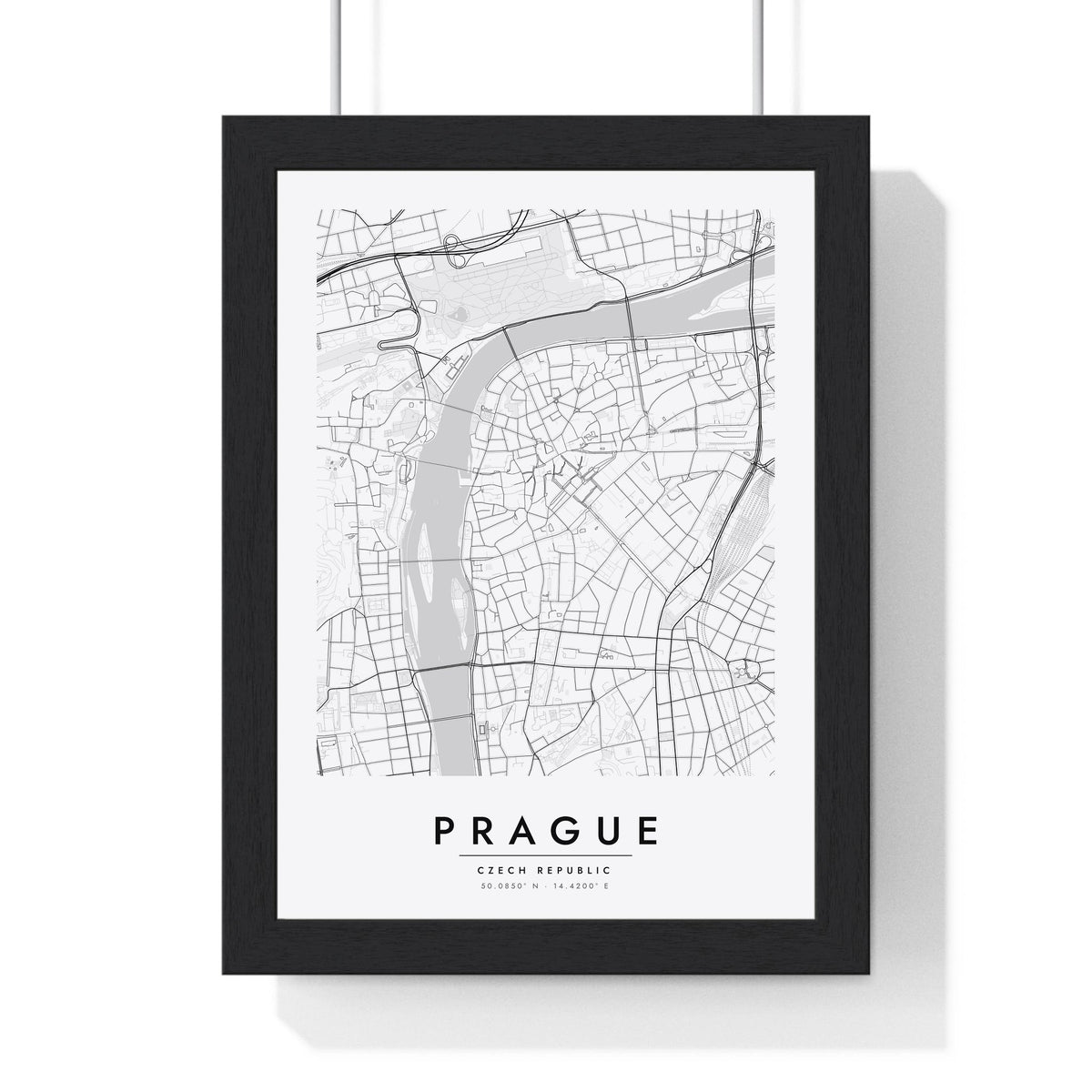 Prague street map poster in white, minimal city map print framed in a black frame
