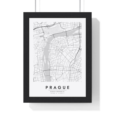 Prague street map poster in white, minimal city map print framed in a black frame