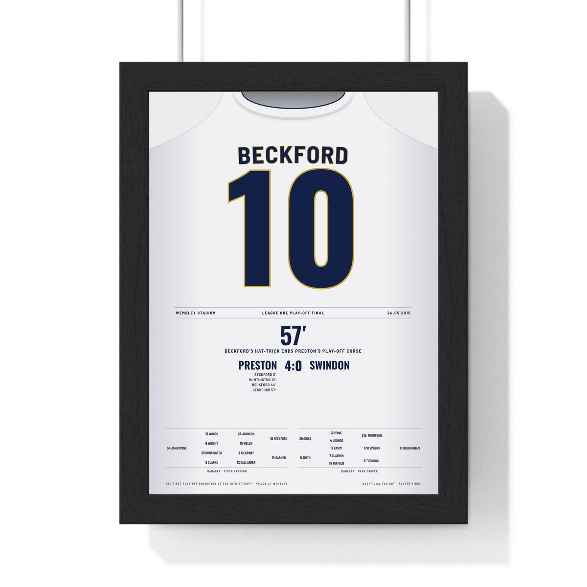 Preston North End Play-Off Final 2015 Poster - Jermaine Beckford 10 Hat-Trick Shirt Print framed in a black frame, ready to hang