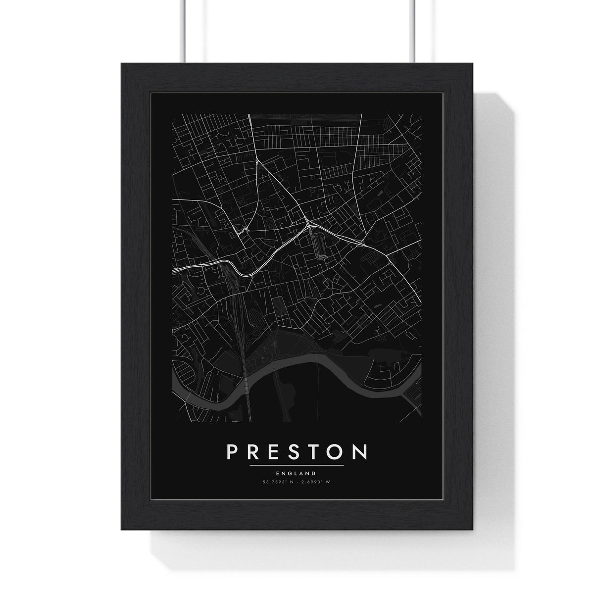Preston street map poster in black, minimal city map print framed in a black frame