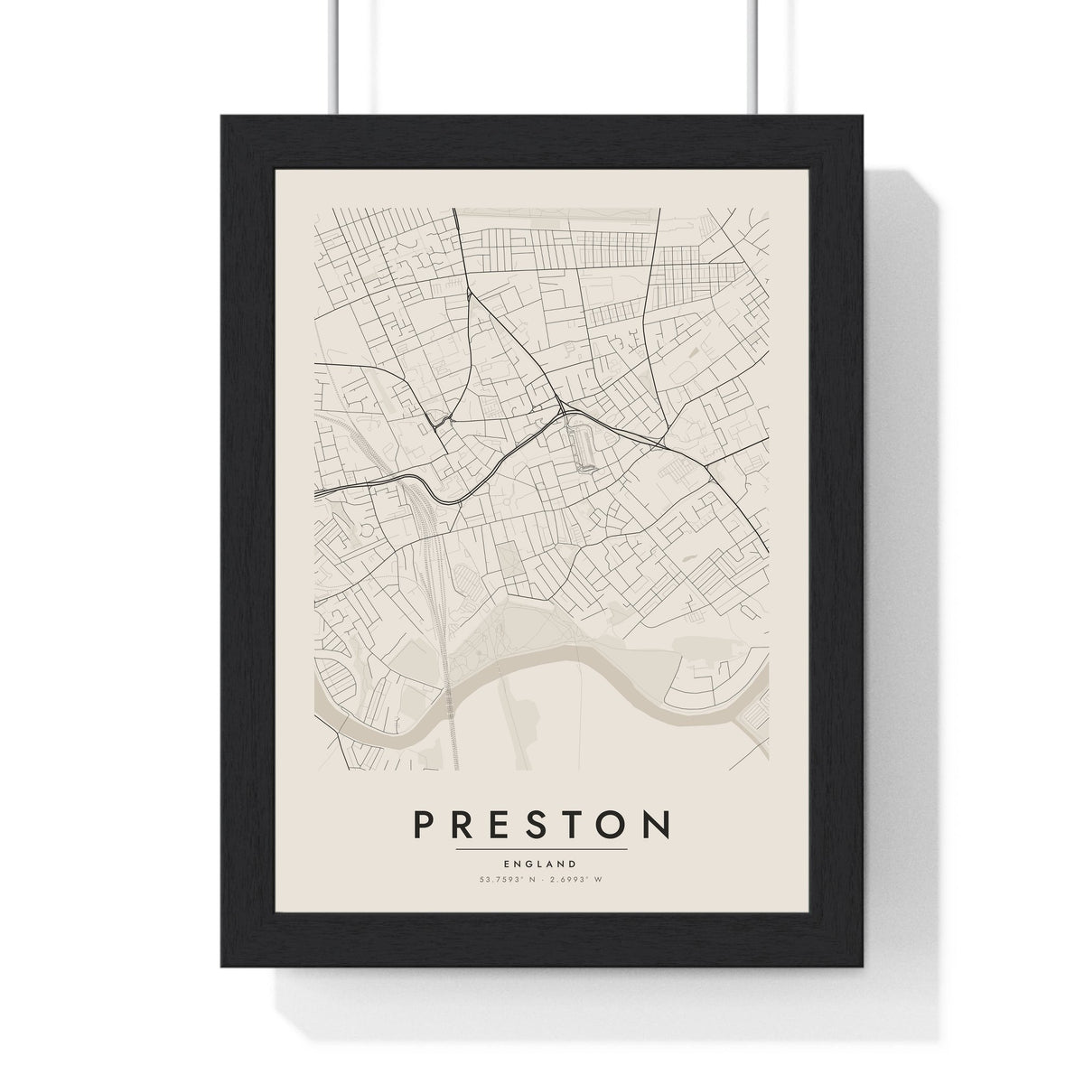 Preston street map poster in cream, minimal city map print framed in a black frame
