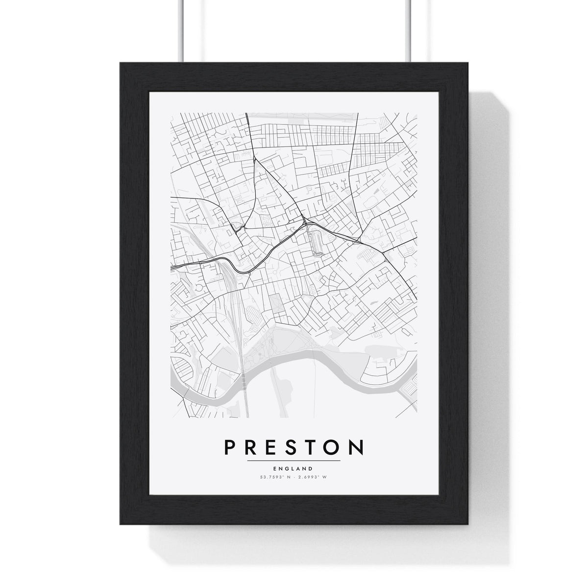 Preston street map poster in white, minimal city map print framed in a black frame