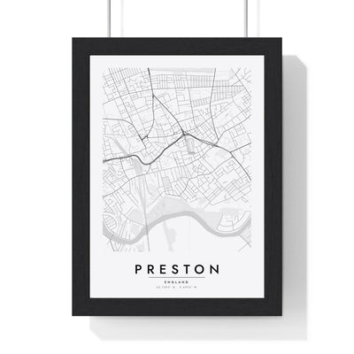 Preston street map poster in white, minimal city map print framed in a black frame