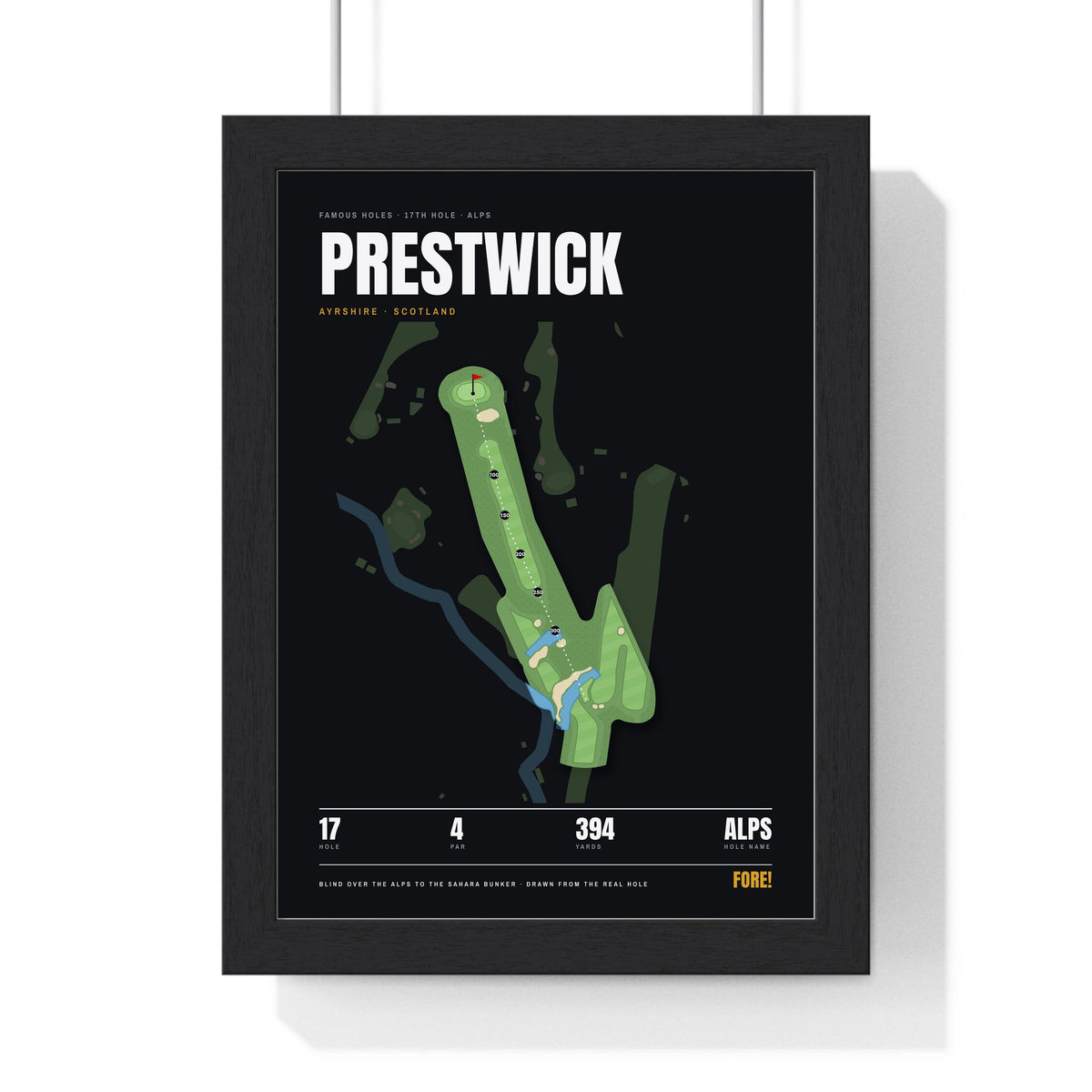 Prestwick 17th Hole print framed in a black frame, ready to hang