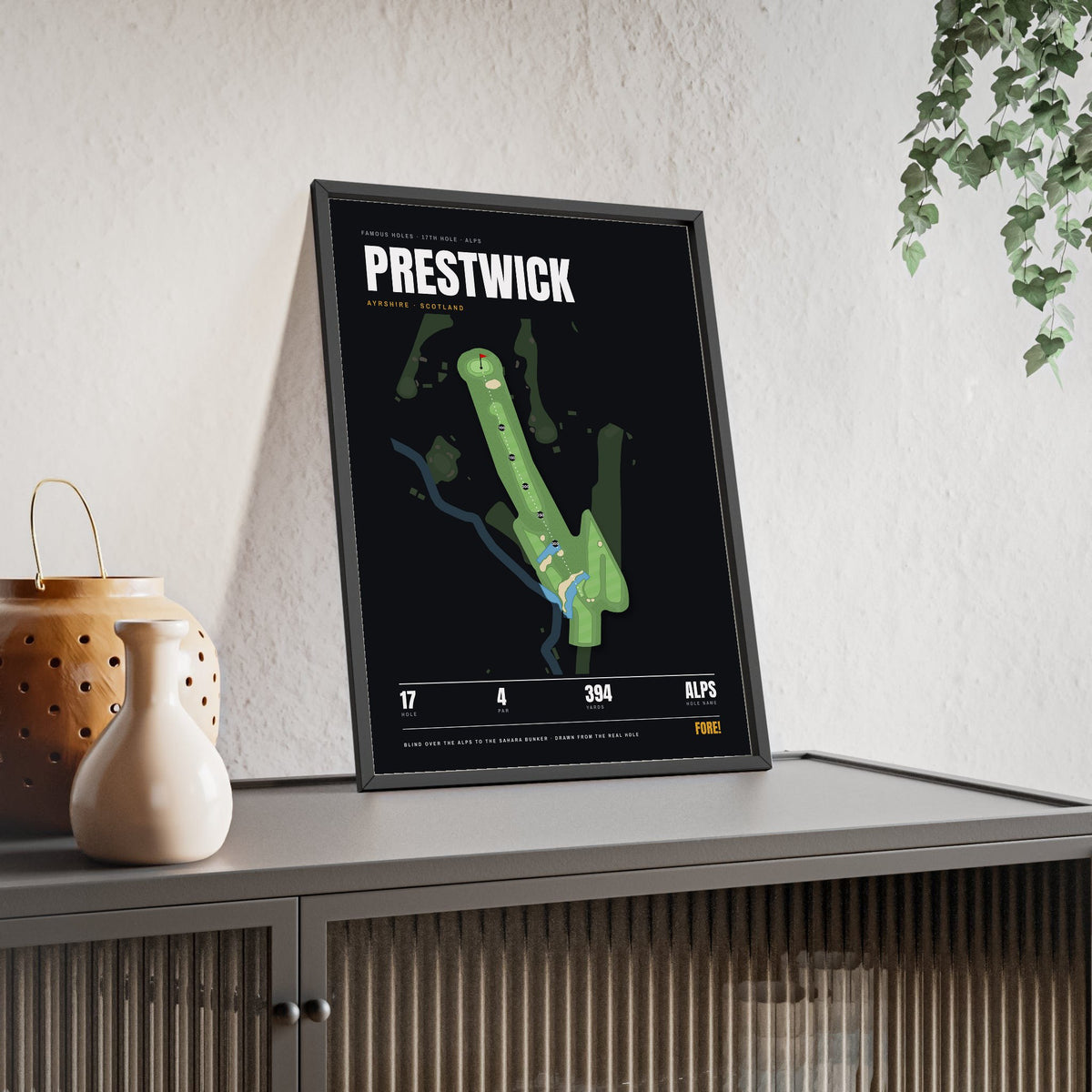 Prestwick 17th Hole print framed and leaning on a sideboard