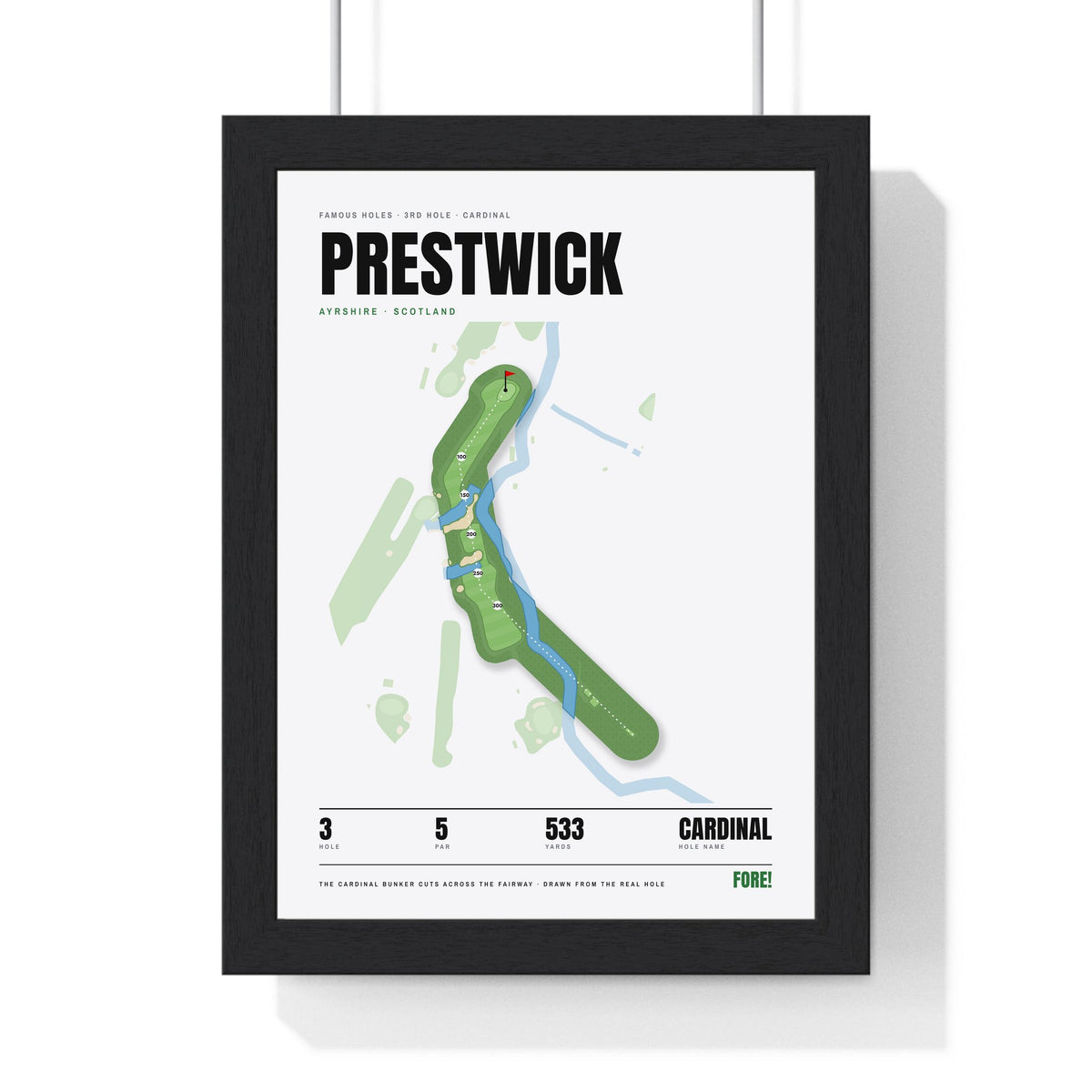 Prestwick 3rd Hole White print framed in a black frame, ready to hang