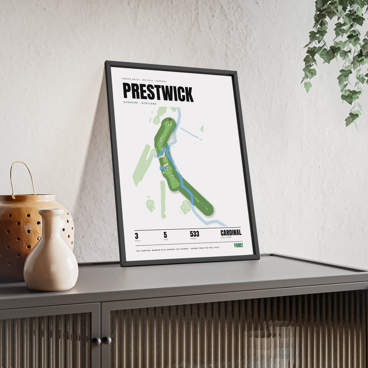 Prestwick 3rd Hole White print framed and leaning on a sideboard