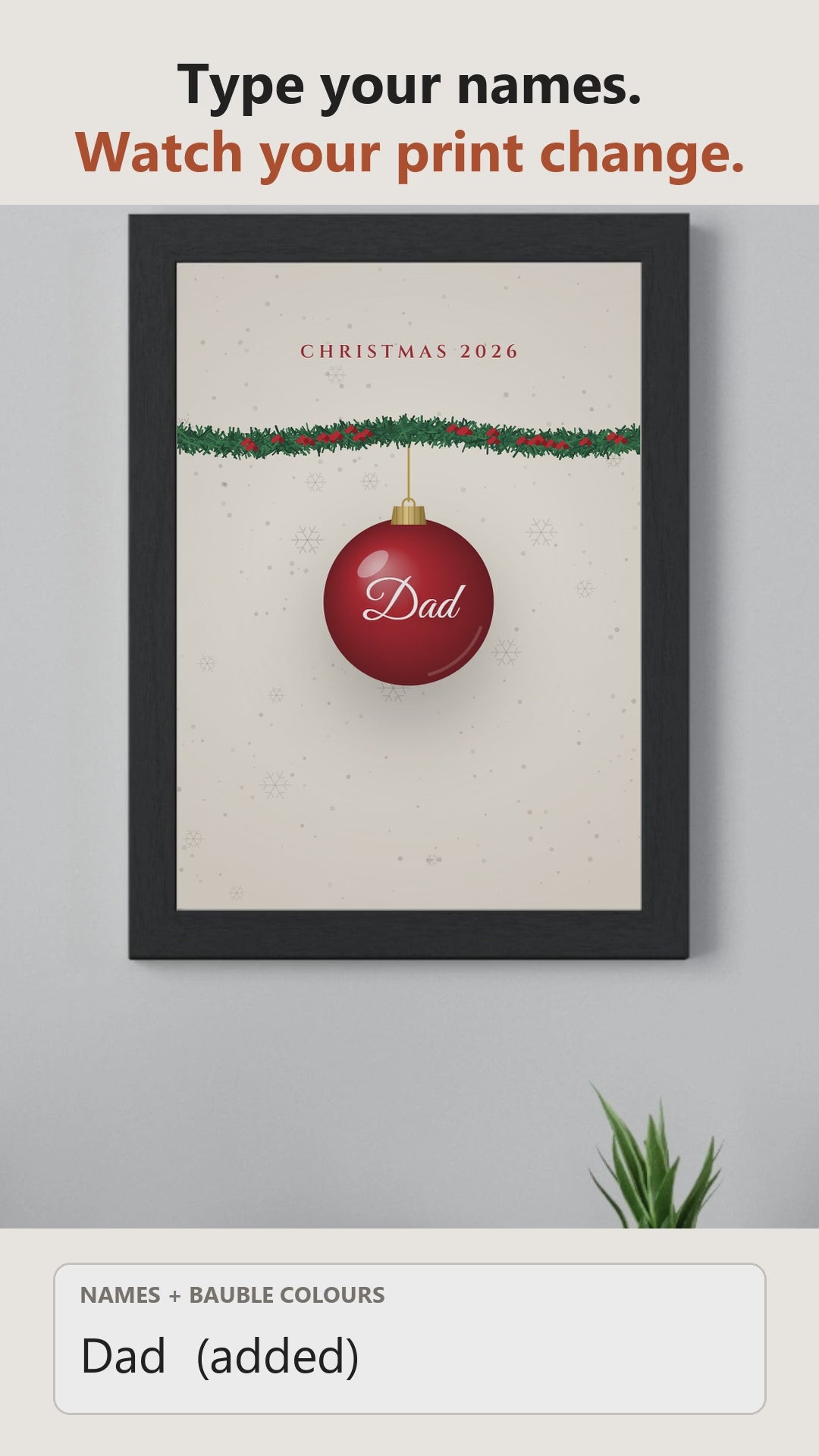 Live preview: personalising the Personalised Family Christmas Bauble Print and watching it change