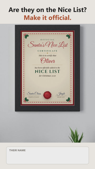 Live preview: personalising the Personalised Santa's Nice List Certificate Print and watching it change