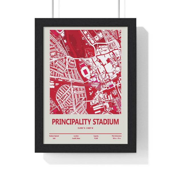 Principality Stadium Cardiff rugby map print framed in Poster Kingz frame