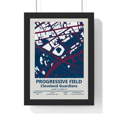 Progressive Field map print framed in a black frame, ready to hang