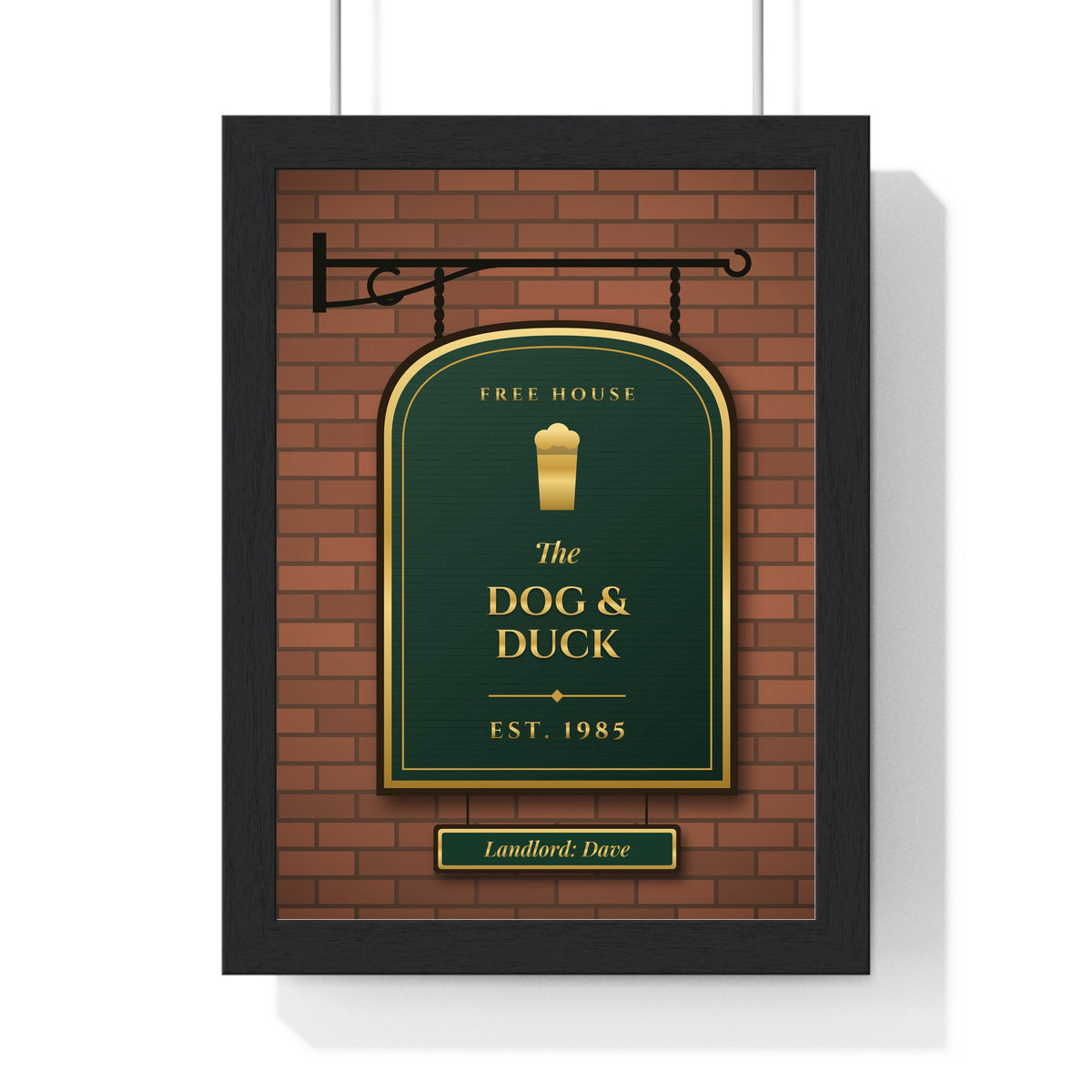 Personalised Home Bar Pub Sign Print - framed green pub sign on brick