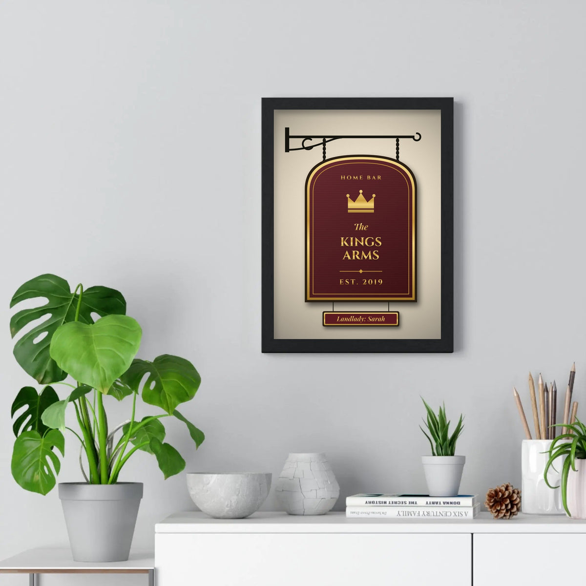 Personalised Home Bar Pub Sign Print - oxblood Kings Arms sign on the wall