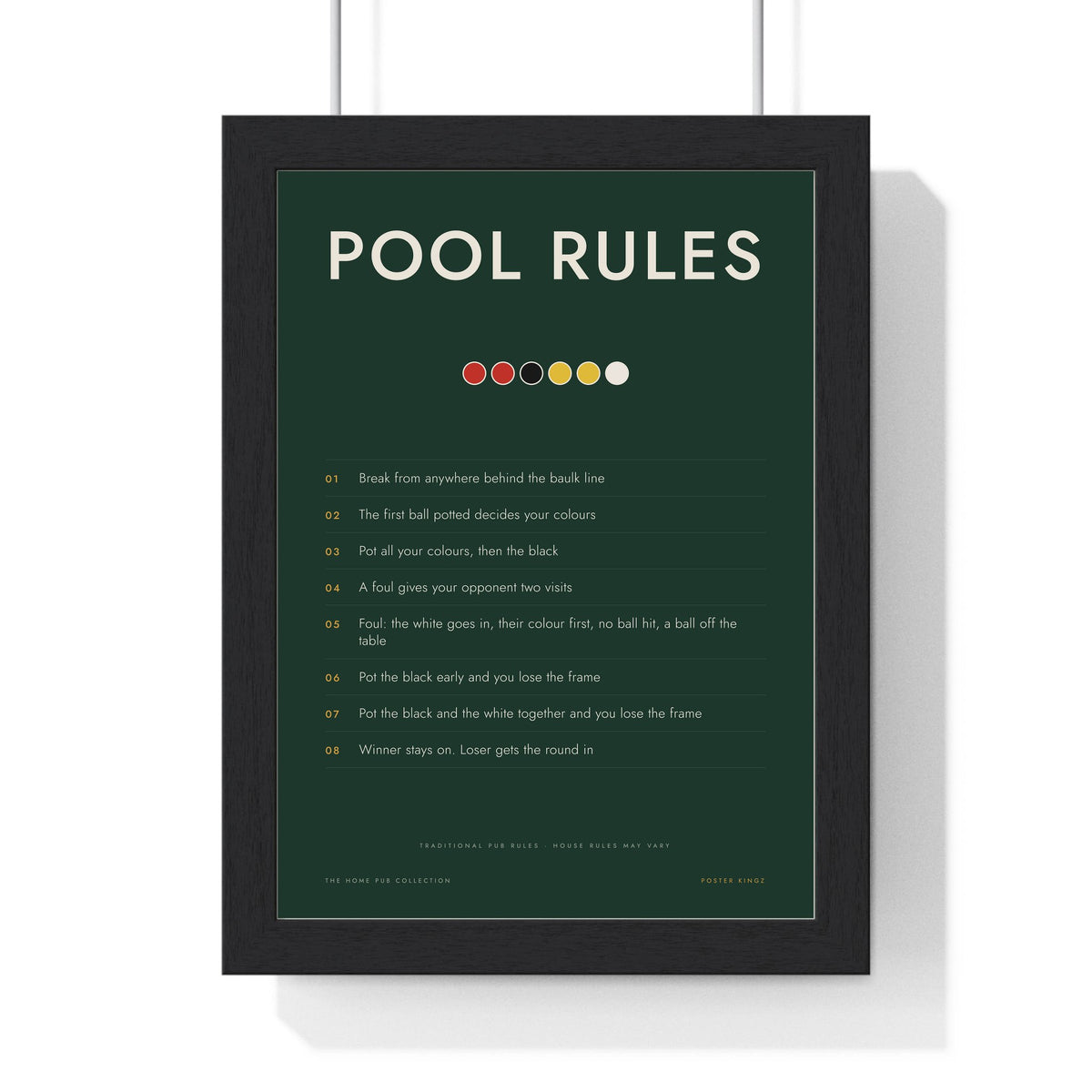 Pub Pool Rules print framed in a black frame, ready to hang