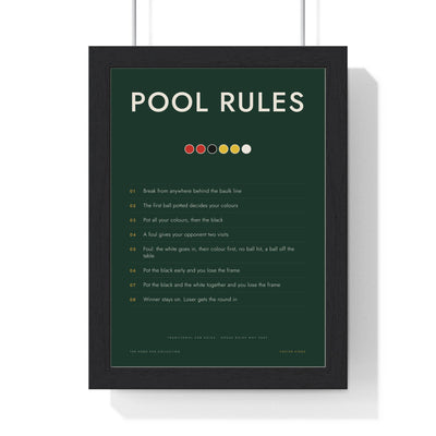 Pub Pool Rules print framed in a black frame, ready to hang