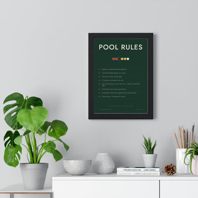 Pub Pool Rules print framed on a living room wall