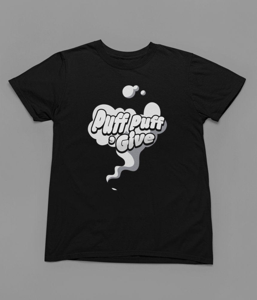 Black t-shirt with Puff Puff Give Quote Friday Movie /Sweatshirt front view