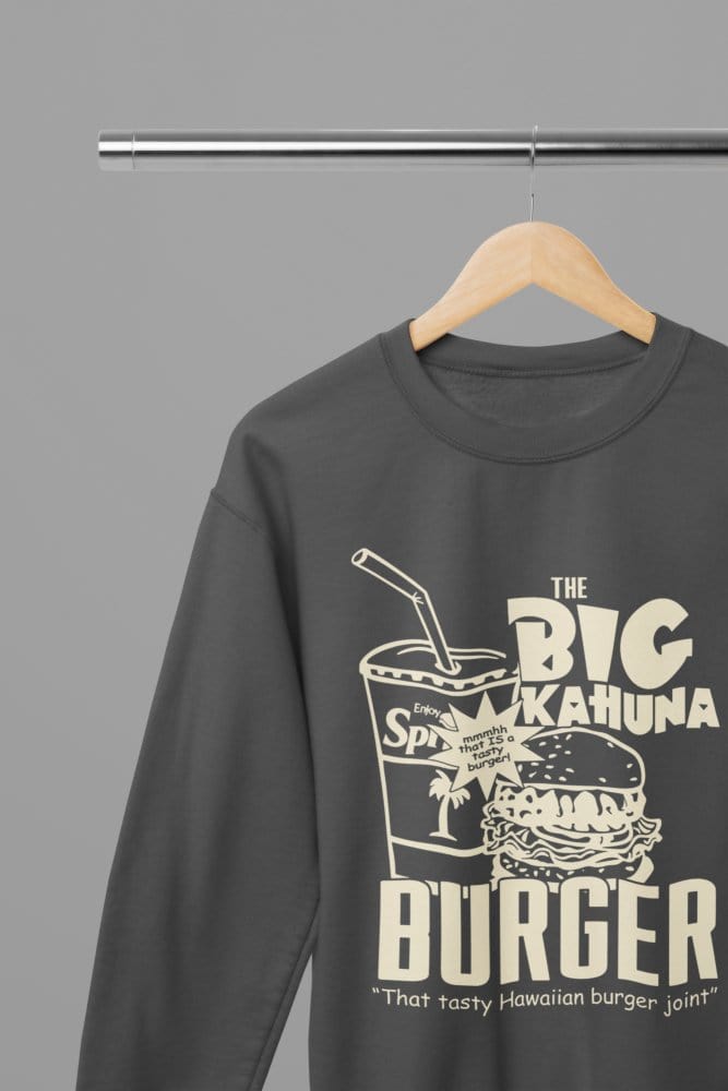 Blue t-shirt with Pulp Fiction Big Kahuna Burger Large Logo /Sweatshirt - Iconic Movie Merchandise close-up