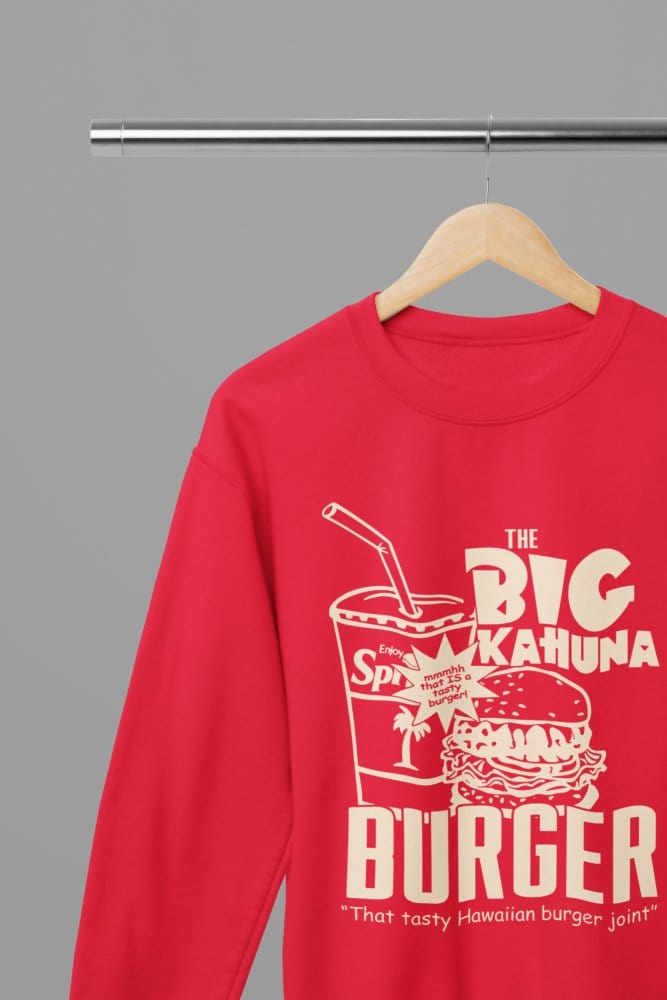 Grey t-shirt with Pulp Fiction Big Kahuna Burger Large Logo /Sweatshirt - Iconic Movie Merchandise wall display