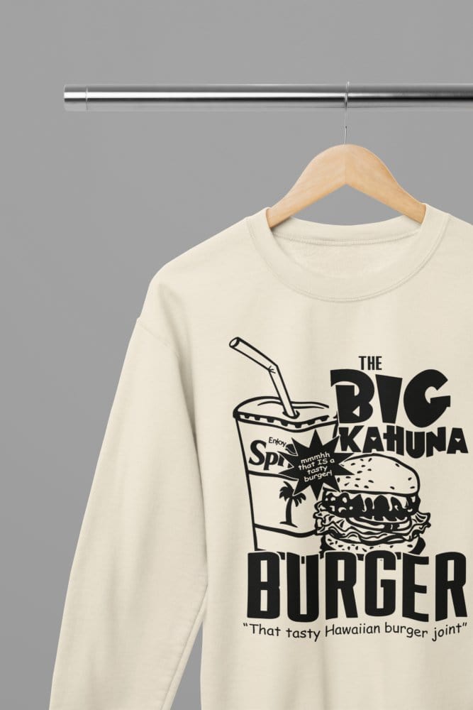 White t-shirt with Pulp Fiction Big Kahuna Burger Large Logo /Sweatshirt - Iconic Movie Merchandise wall display