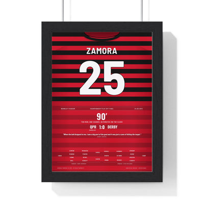 QPR Play-Off Final 2014 Poster - Zamora 25 Wembley framed in a black frame, ready to hang
