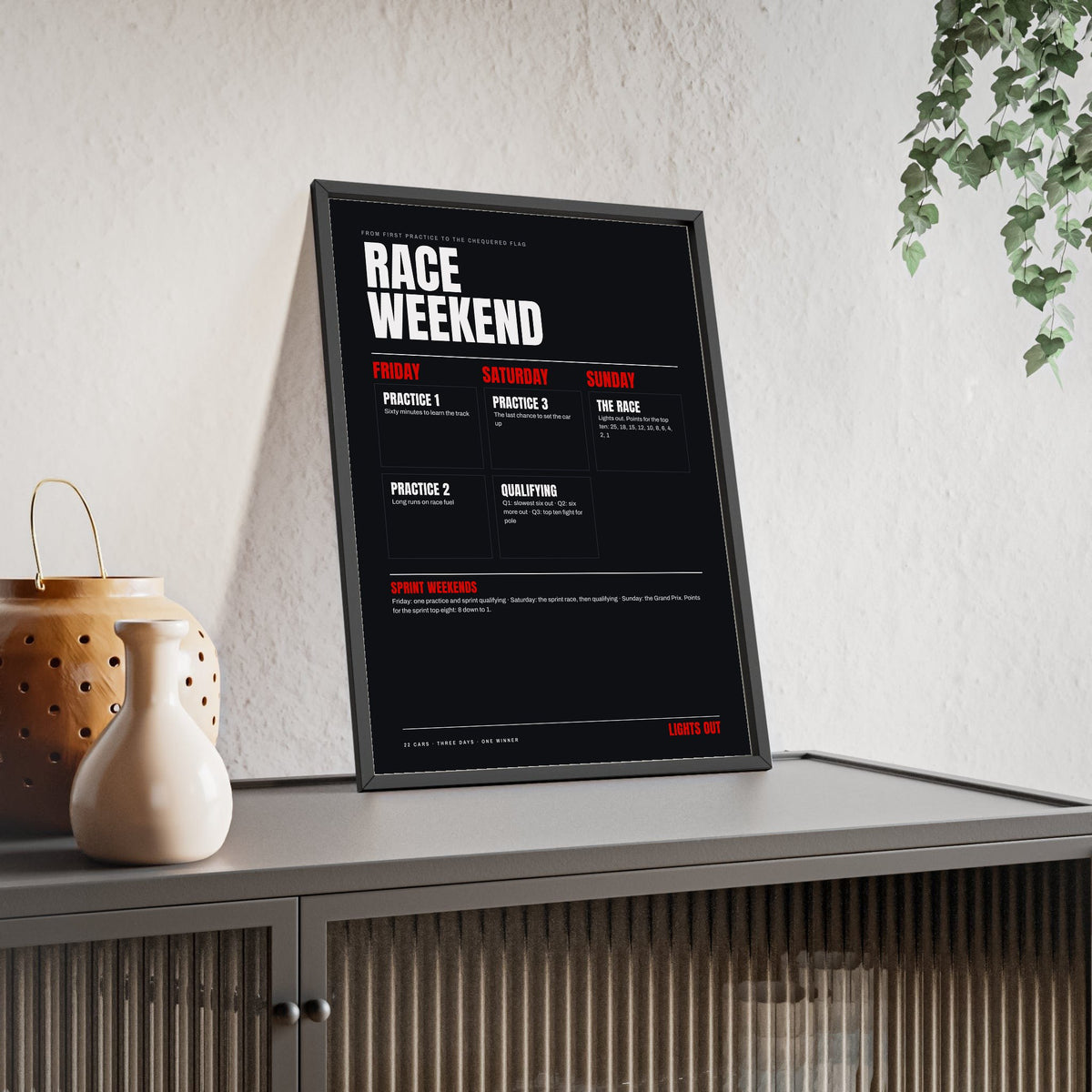 Race Weekend print framed and leaning on a sideboard