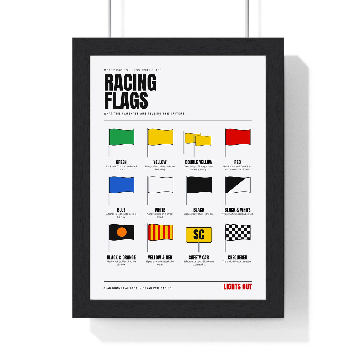 Racing Flags print framed in a black frame, ready to hang