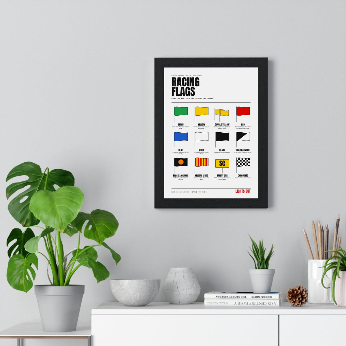 Racing Flags print framed on a living room wall