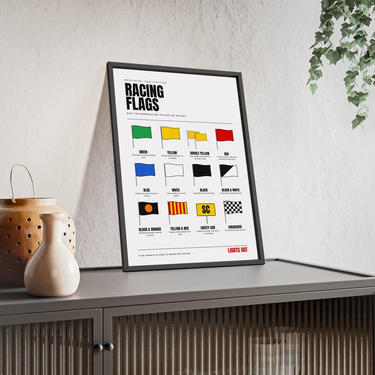 Racing Flags print framed and leaning on a sideboard