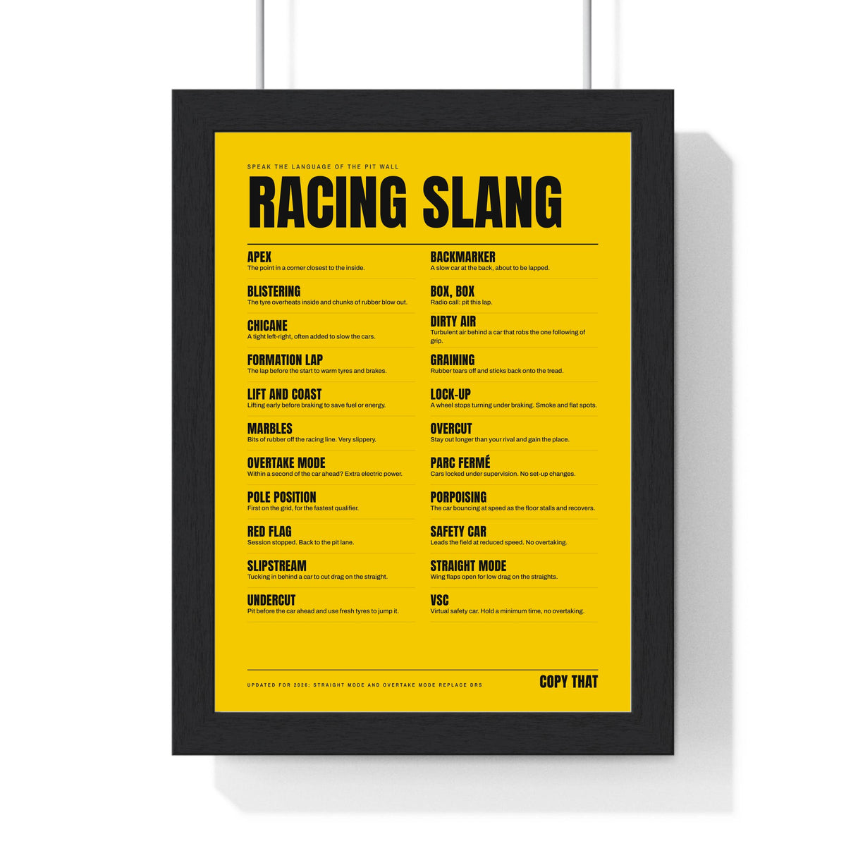 Racing Slang A-Z print framed in a black frame, ready to hang