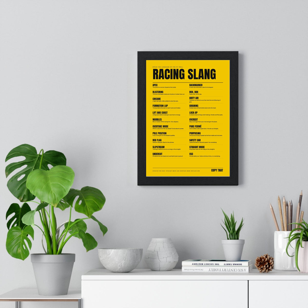 Racing Slang A-Z print framed on a living room wall