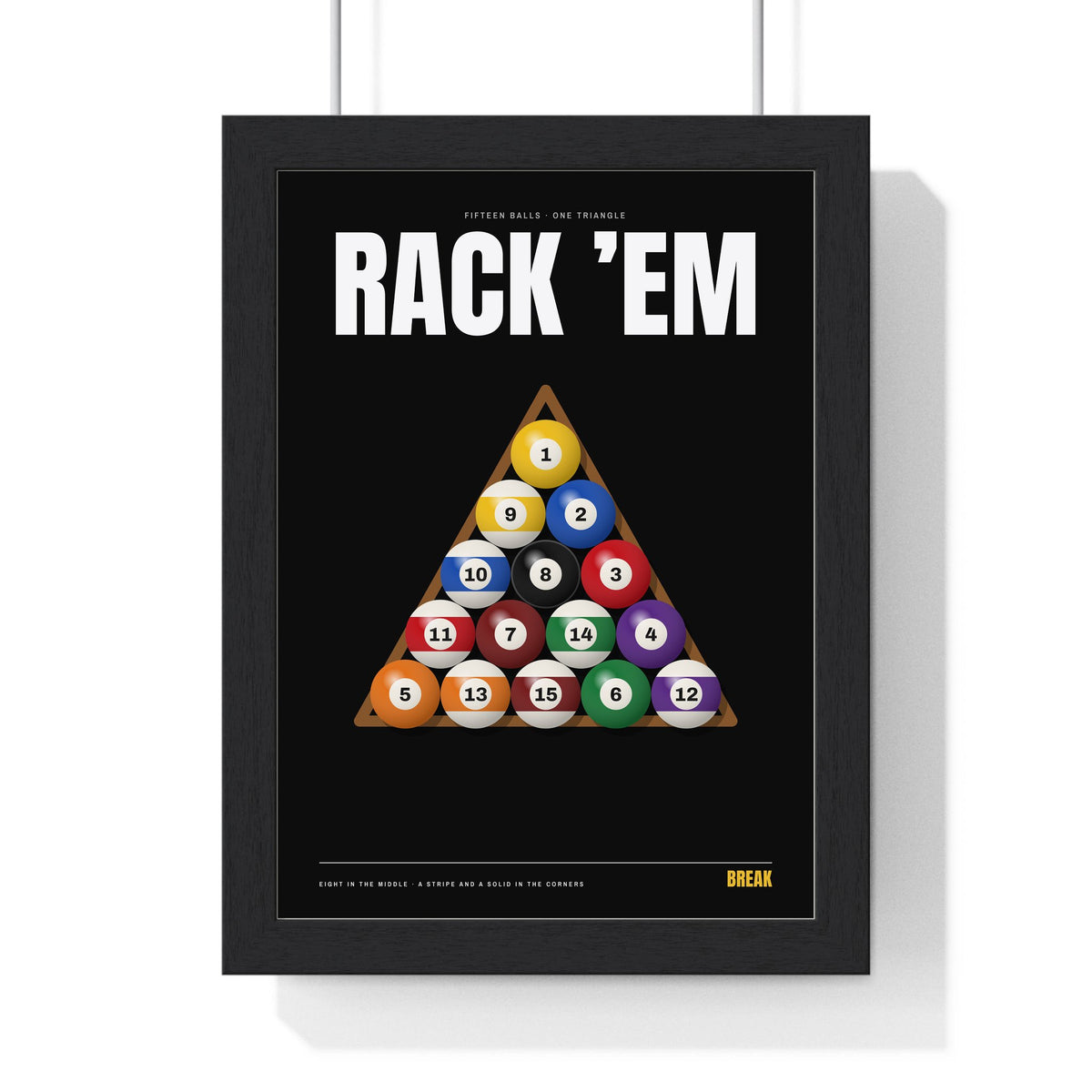 Rack 'Em Pool print framed in a black frame, ready to hang
