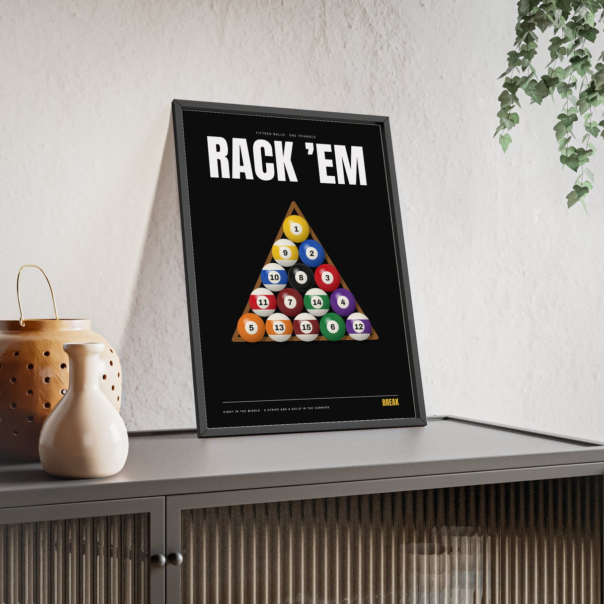 Rack 'Em Pool print framed and leaning on a sideboard