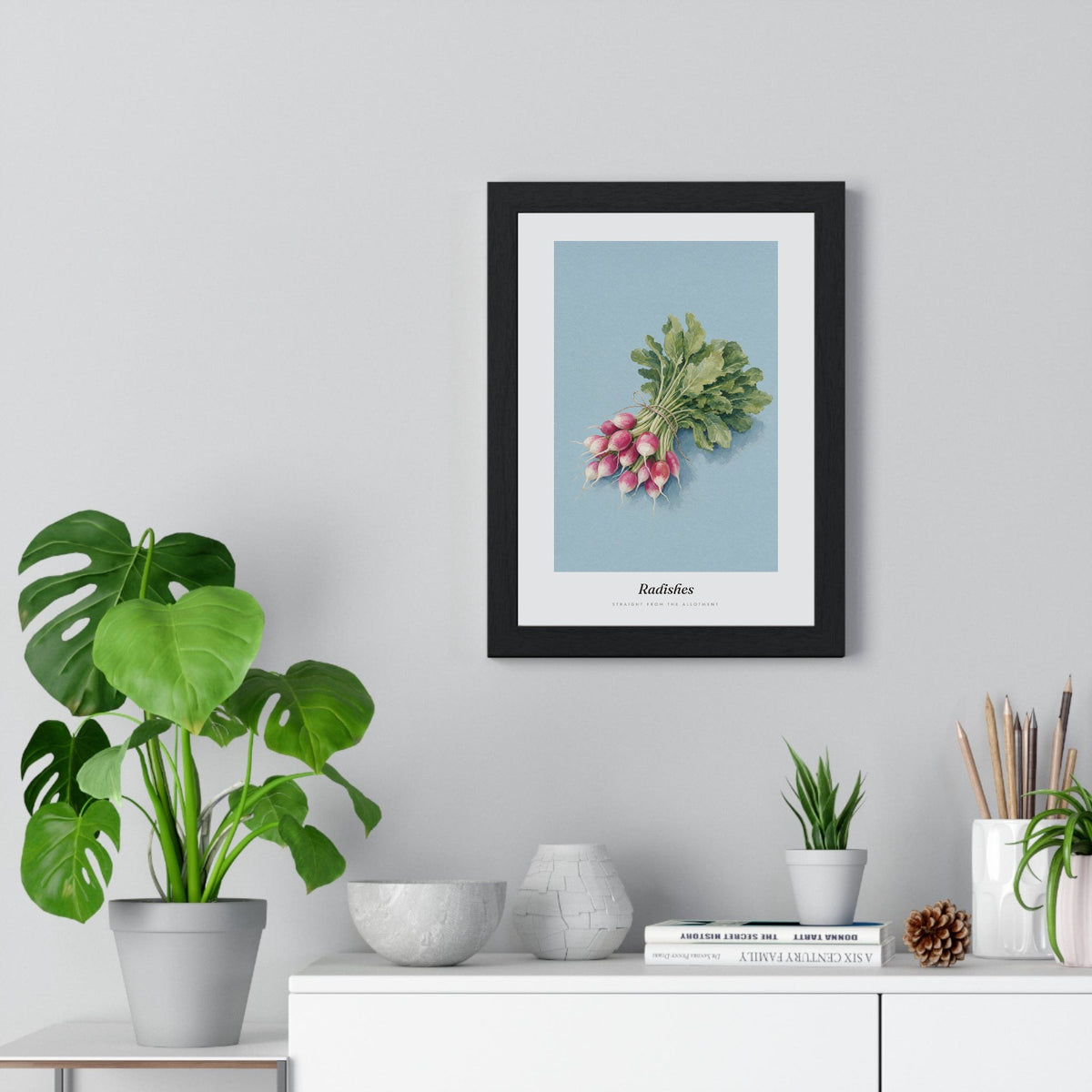 Radishes Print framed on a living room wall