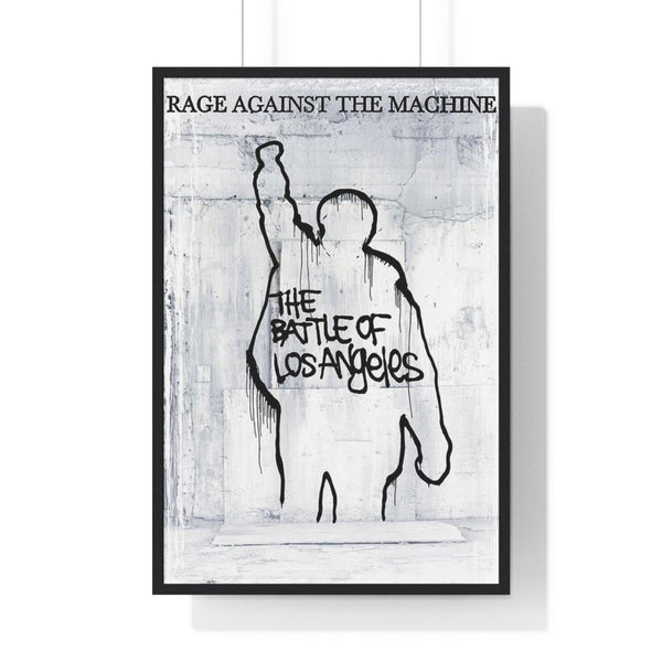 Rage Against The Machine Battle of Los Angeles maxi poster framed on wall, stencil-style fist design with graffiti lettering