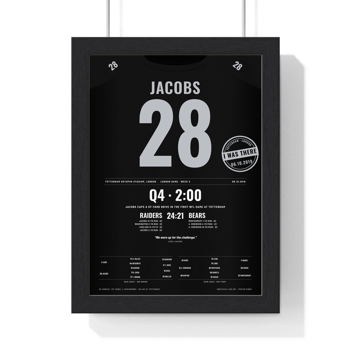 Raiders London 2019 Poster - Josh Jacobs 28 First NFL Game at Tottenham Jersey Print with the I WAS THERE stamp