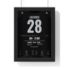 Raiders London 2019 Poster - Josh Jacobs 28 First NFL Game at Tottenham Jersey Print framed in a black frame, ready to hang