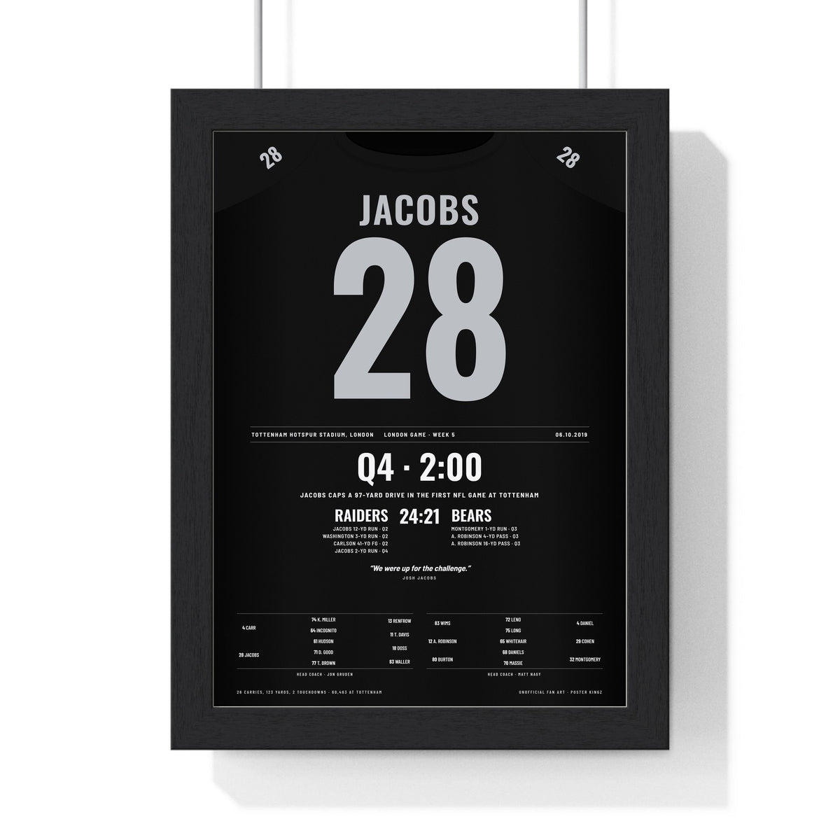 Raiders London 2019 Poster - Josh Jacobs 28 First NFL Game at Tottenham Jersey Print framed in a black frame, ready to hang