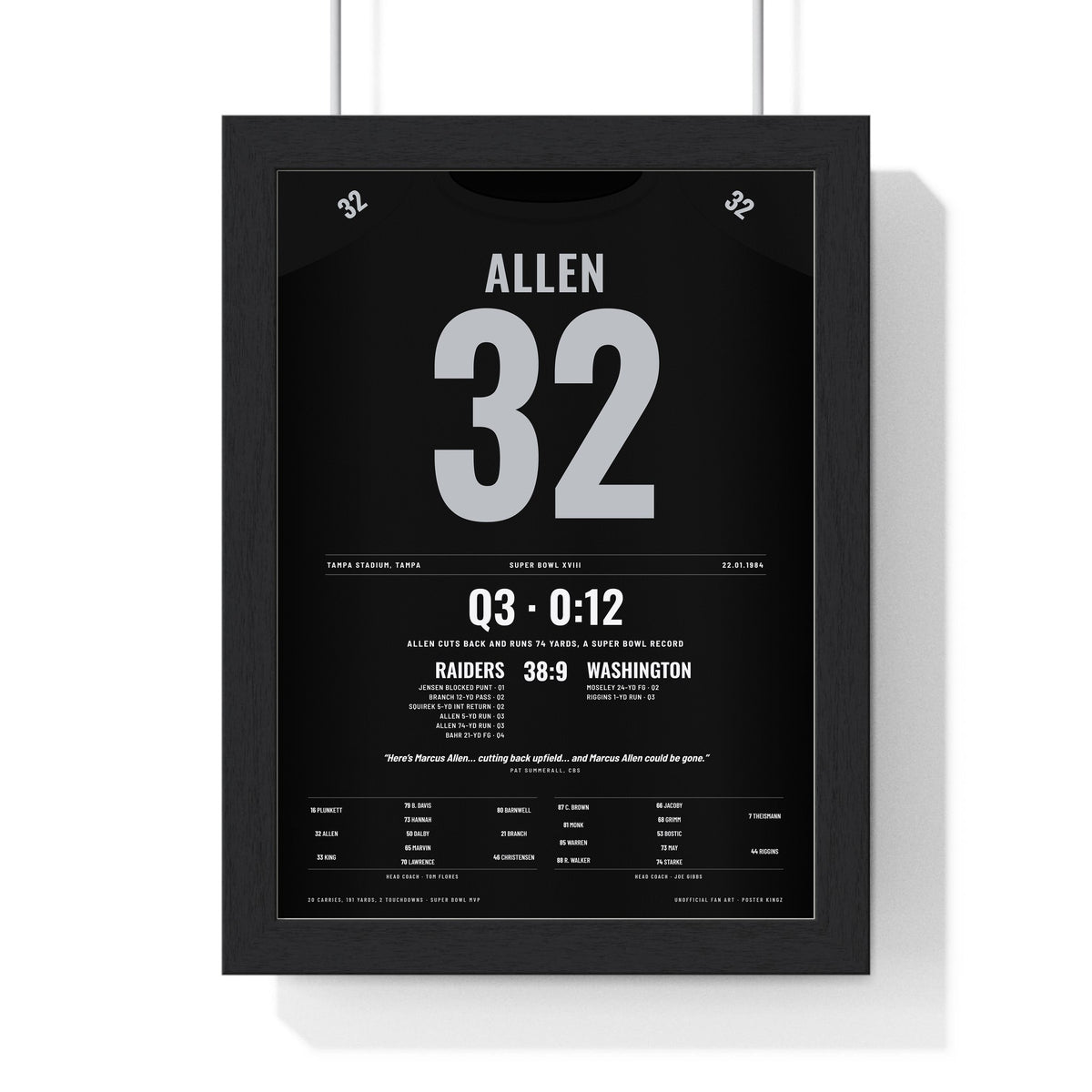 Los Angeles Raiders Super Bowl XVIII Poster - Marcus Allen 32 74-Yard Run Jersey Print framed in a black frame, ready to hang