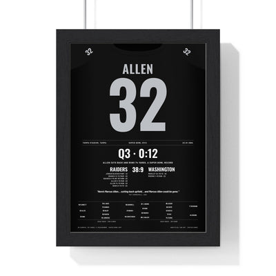 Los Angeles Raiders Super Bowl XVIII Poster - Marcus Allen 32 74-Yard Run Jersey Print framed in a black frame, ready to hang