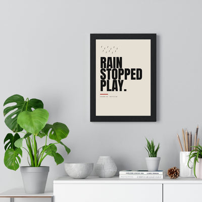 Rain Stopped Play Cricket print framed on a living room wall
